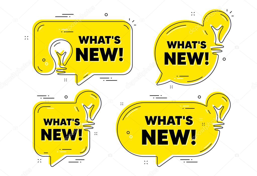 Whats new text. Idea yellow chat bubbles. Special offer sign. New arrivals symbol. Whats new chat message banners. Idea lightbulb balloons. Vector