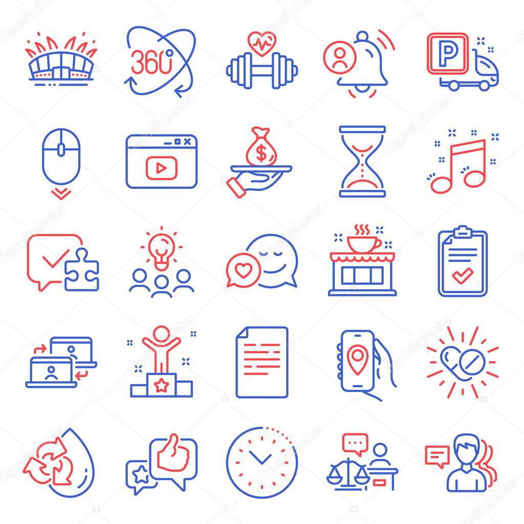 Business icons set. Included icon as Scroll down, Document, Arena stadium signs. Coffee shop, Court judge, Musical note symbols. Outsource work, Video content, Winner. Loan, Time hourglass. Vector