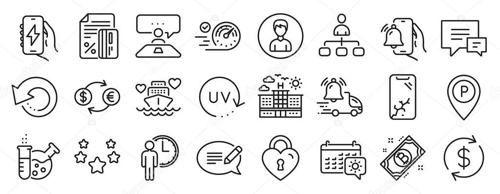 Set of Business icons, such as Message, Credit card, Delivery notification icons. Parking, Recovery data, Chemistry lab signs. Stars, Currency exchange, Usd exchange. Waiting, Alarm clock. Vector