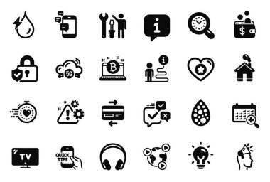 Enerji, Bitcoin ve Tıbbi takvim simgeleriyle ilgili Vektör Teknoloji Simgeleri Kümesi. Eğitim, kulaklık ve kalp işaretleri. 5G bulut, tamirci ve yapay renkler. Uyarı, kredi kartı. Vektör