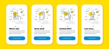 Mobil anket vektör seti, onaylanmış anlaşma ve Smartphone cam hat simgeleri ayarlandı. Satır simgeli UI telefon uygulaması ekranları. Bayrak simgesi. Telefon testi, onaylanmış belge, telefon koruması. Vektör