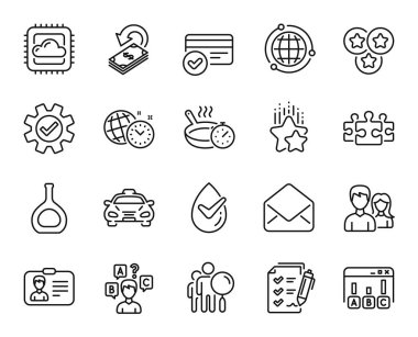 Vektör seti konyak şişesi, nakit para ve ödeme yöntemleri çizgisi simgeleri ayarlandı. Servis, Çift ve Bulut bilgisayar simgeleri. Bulmaca, Küre ve Araştırma kontrol listesi işaretleri. Konyak şişesi web sembolü. Vektör