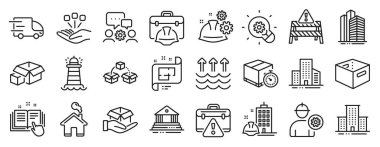 Kamyon teslimatı, Bekleme Kutusu, Deniz feneri ikonları gibi sanayi simgeleri. İnşaat binası, saray binası, teslimat zamanlayıcısı. Paket nakliyat, ofis kutusu, mühendis. Binalar. Vektör