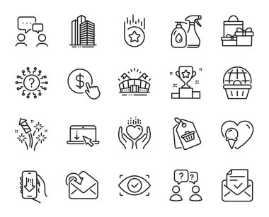 Sadakat Yıldızı, Alışveriş ve Spor Sahası ikonlarının vektör seti ayarlandı. İnternetten alışveriş, gökdelen binaları ve Hold Heart ikonları. Para, dondurma ve uygulama tabelaları al. Vektör