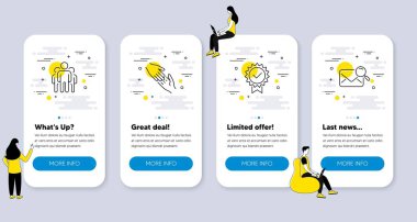 Yardımcı el, grup, sertifika simgeleri gibi iş simgeleri. İnsanlarla UI telefon uygulaması ekranları. Posta hattı sembollerini ara. Jest yapın müdürler, onaylanmış ödül. Mektup bul. Vektör