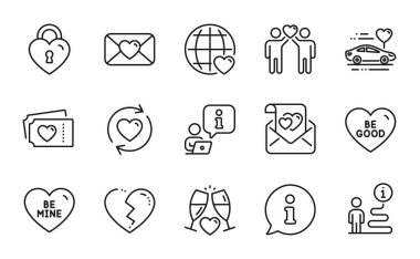 Aşk simgeleri hazır. Benimki gibi bir ikon, aşk biletleri, balayı tabelası. Uslu dur, kırık kalp, arkadaşlar iki sembol. Düğün gözlüğü, aşk mektubu, Valentine. İlişkileri güncelle. Vektör