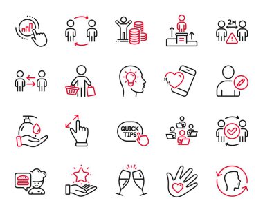 Bütçe kârı, kullanıcı düzenleme ve iş podyumu simgeleriyle ilgili bir grup insan simgesi. Sosyal sorumluluk, grafik çizelgesi ve yüz tanımlama tabelaları. Sosyal mesafe, Kalp ve Bağlılık Programı. Vektör