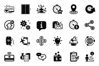 Araştırma listesiyle, İş ve İnternet uygulama simgeleriyle ilgili bir grup Teknoloji simgesi. Bulmaca seçenekleri, Konum ve Onaylanmış İşaretler. Uçuş uygulaması, megafon ve muhasebe zenginliği. Vektör