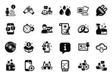 Ekibi Sil, Posta Paketi Gönder ve Fotoğraf Simgelerini İndir ile ilgili vektör İş simgeleri. Su damlası, Seo telefonu ve temizleyici sprey tabelaları. Takım çalışması, yaratıcı resim ve el çırpma. Vektör