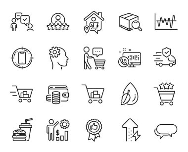 Arama paketi vektör kümesi, Web çağrısı ve Haberci satırı simgeleri ayarlandı. Mühendislik, olumlu geri bildirim ve internet alışveriş ikonları. Alışveriş arabası, su damlası ve alıcı tabelaları. Vektör