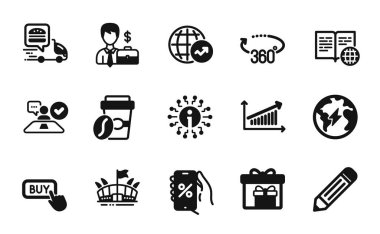 Grafik, Kalem ve İnternet kitap simgelerinin vektör kümesi basit. Elektrik, yemek teslimatı ve Buy düğmesi simgeleri. İndirim uygulaması, iş adamı davası ve paket kahve tabelaları. Vektör