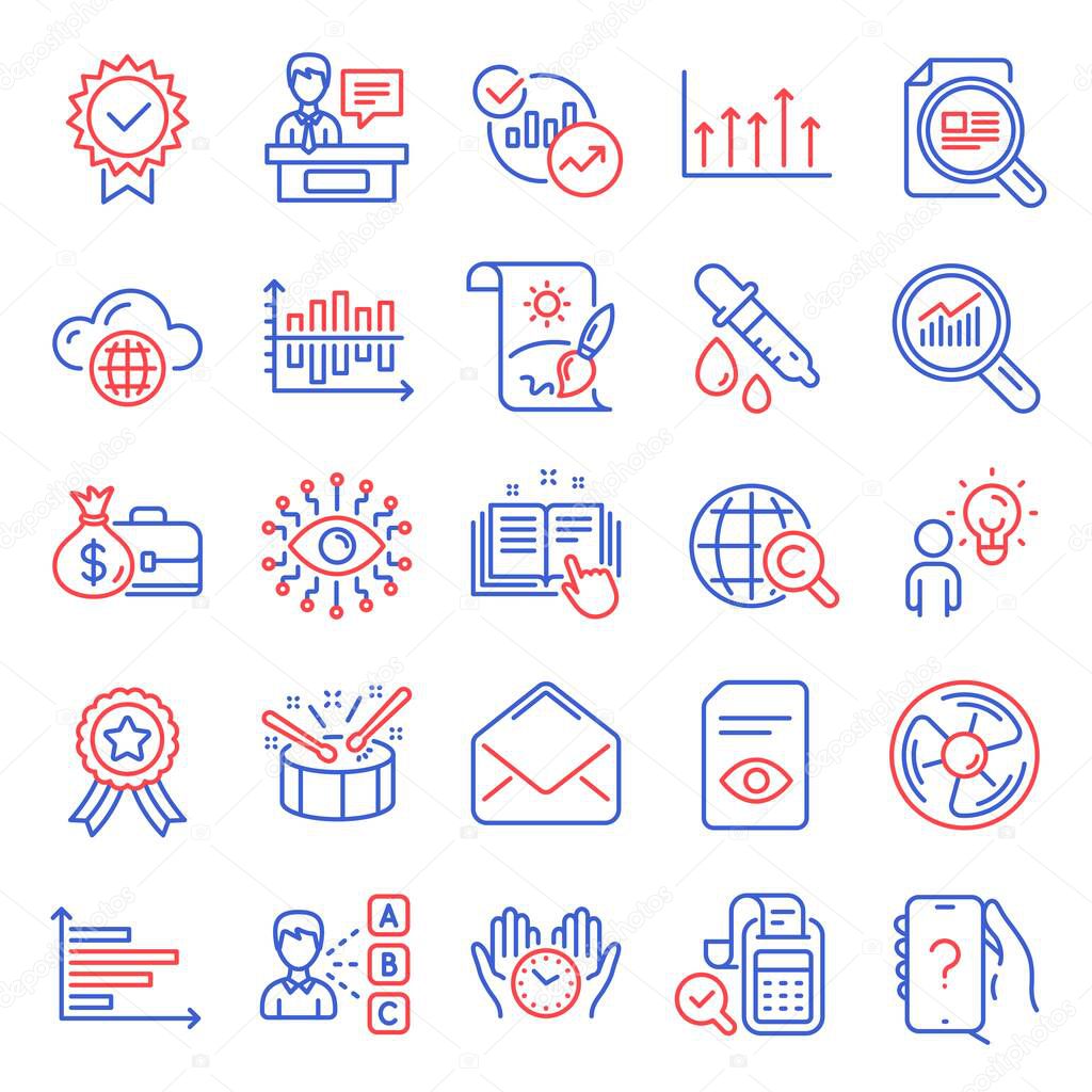 Education icons set. Included icon as Safe time, Check article, Cloud computing signs. Technical documentation, International Copyright, Drums symbols. Bill accounting, Horizontal chart. Vector