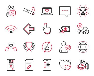 Trophy, Blog ve Röportaj simgeleriyle ilgili vektör satır simgeleri kümesi. El tıklama, aşk mektubu ve kalp işaretleri. Döviz bürosu, Kazanan ve Küre. Randevu sohbeti, Nakit ve Kimlik onaylandı. Vektör