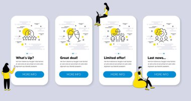 Şampanya bardakları, insan sınıflandırması, Mühendislik ikonları gibi ikonlar. İnsanlarla UI telefon uygulaması ekranları. Takım çalışması sembolleri var. Chin-chin, en iyi çalışan, mühendis. Vektör