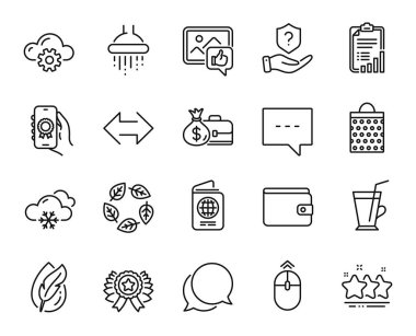 Sohbet mesajlarının vektörü, kar havası ve organik test çizgisi simgeleri ayarlandı. Bulut hesaplama, pasaport ve para cüzdanı simgeleri. Kontrol listesi, Yıldızlar ve Ödüllü uygulama işaretleri. Sohbet mesajı web sembolü. Vektör