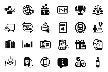 Güneş kremi, sürpriz paket ve güvenlik uygulaması simgeleriyle ilgili iş simgeleri. 360 derece, yüz biyometrisi ve kimlik kartı tabelaları. Dünya markası, Megaphone ve Buildings. Vektör