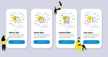 Pay, Sadakat Ödülü, Para Takas ikonları gibi ikonlar. İnsanlarla UI telefon uygulaması ekranları. Ödeme sırasında hat sembolleri alındı. Dilenci, Bonus Madalyası, Eur 'dan USD' ye. Para için. Vektör