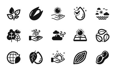 Güneş korumalı vektör seti, mineral yağı ve çevre günü simgeleri basit. Yapraklar, bitkiler sulama ve yer fıstığı ikonları. Rüzgar enerjisi, Ağaç ve Seyahat deniz işaretleri. Vektör