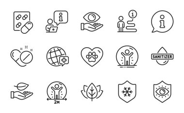 Sağlık hizmetleri ikonları ayarlandı. Organik test edilmiş bir ikon, göz koruması, kurtarılmış insan işaretleri. Sosyal mesafe, kapsül hapı, ilaç sembolleri. Hayvan bakımı, el dezenfektanı, yaprak. Vektör