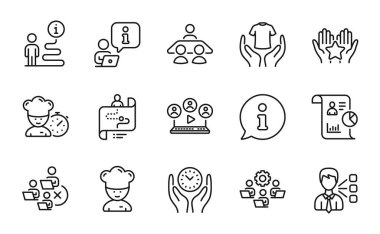 İnsan simgeleri ayarlandı. Video konferansı, görüşme işi, sıralama işaretleri olarak simge dahil. Ekibi çıkar, Şef, aşçı aşçı sembolleri. Üçüncü parti, takım çalışması, güvenli zaman. Tişörtünü tut, Rapor. Vektör