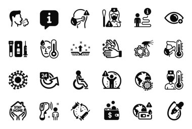 Coronavirus salgını, elektronik termometre ve termometre simgeleriyle ilgili bir dizi tıbbi ikon. Coronavirus, 24 saat ve temiz deri belirtileri. Hasta adam, hipermetrop ve evde kal. Vektör