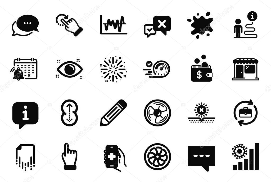 Vector Set of simple icons related to Stock analysis, Click hand and Notification calendar icons. Rotation gesture, Dots message and Fireworks explosion signs. Reject, Human resources. Vector