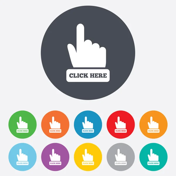 Cliquez ici icône signe de la main. Appuyez sur bouton . — Image vectorielle