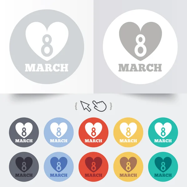 8 March Womens Day sign icon. Heart symbol. — Stock Vector