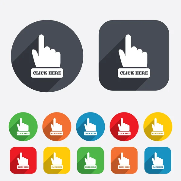 Clicca qui icona del segno della mano. Premere il pulsante . — Vettoriale Stock