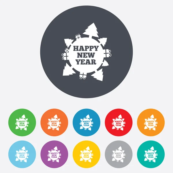 Frohes neues Jahr Globus Zeichen Symbol. Geschenke und Bäume. — Stockvektor