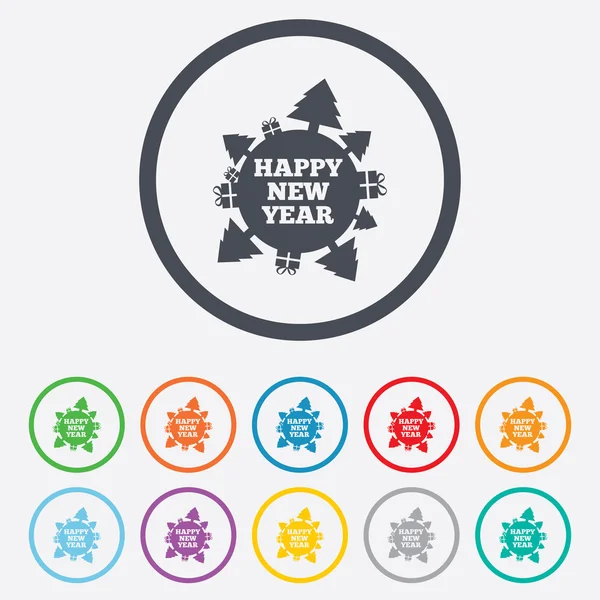 Happy new year globe sign icon. Gifts and trees. — Stock Vector