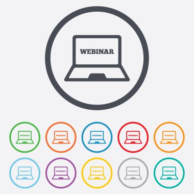 Webinar laptop işareti simgesi. Not defteri web çalışma.