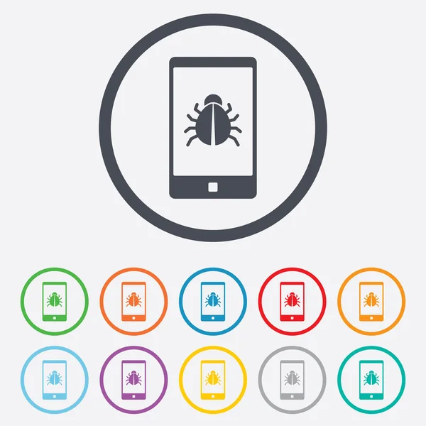 Smartphone virus teken pictogram. software bug symbool. — Stockvector