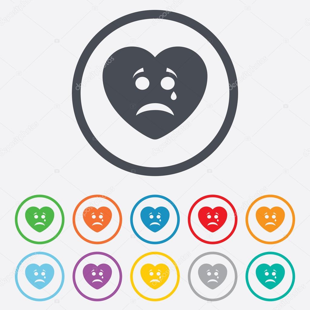 Sad heart face with tear icon. Crying symbol.