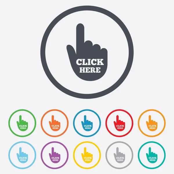 Haga clic aquí icono de la mano signo. Pulse el botón . — Vector de stock