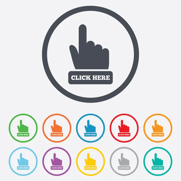 Haga clic aquí icono de la mano signo. Pulse el botón . — Archivo Imágenes Vectoriales