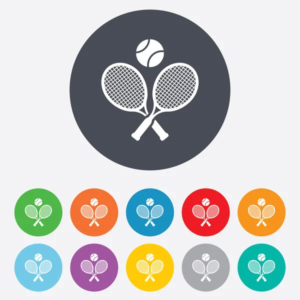Racchette da tennis con icona con cartello a sfera. Simbolo sportivo — Vettoriale Stock