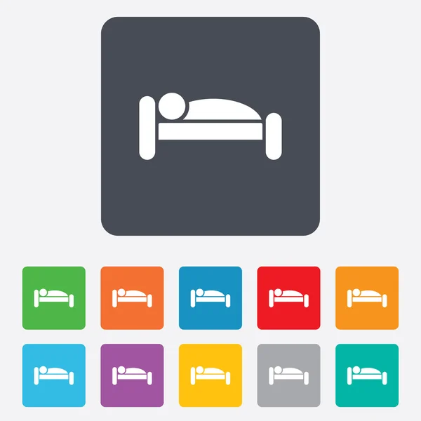 Icono humano en la cama. Lugar de descanso. Símbolo durmiente . — Archivo Imágenes Vectoriales