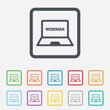 Webinar laptop işareti simgesi. Not defteri web çalışma.