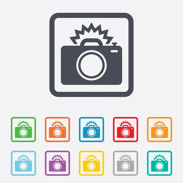 Icono de signo de cámara fotográfica. Foto símbolo flash . — Vector de stock