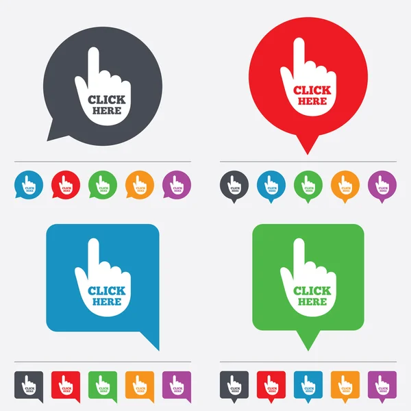 Haga clic aquí icono de la mano signo. Pulse el botón . — Vector de stock