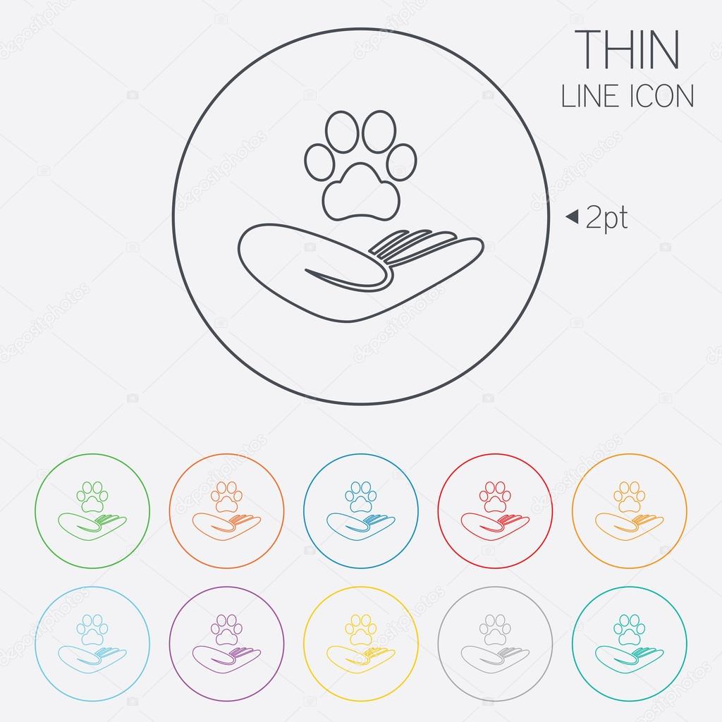 Shelter pets sign icon. Hand holds paw symbol. Animal protection. Thin line circle web icons with outline. Vector