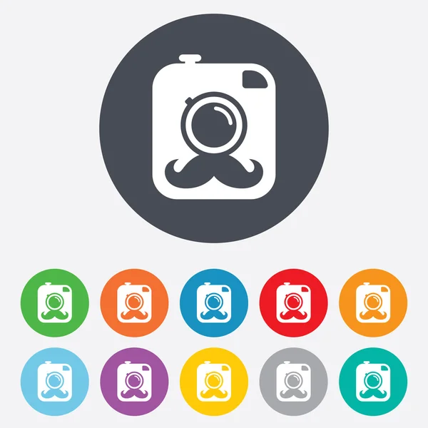 Hipster photo cameras with mustaches signs icons — Stock Vector