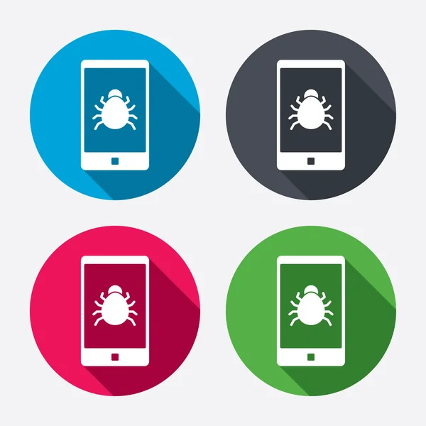 Smartphone virus ondertekent pictogrammen. — Stockvector