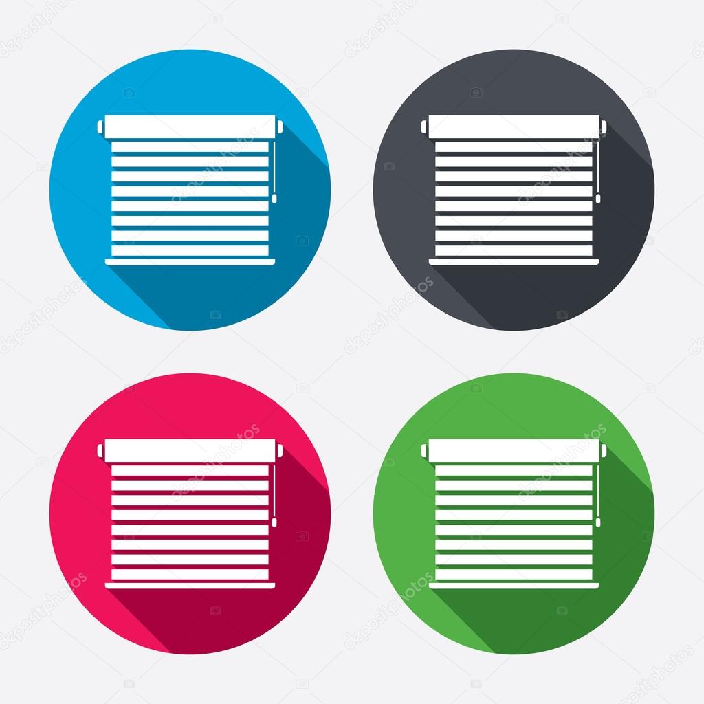 Louvers sign icon. Window blinds or jalousie symbol. Circle buttons with long shadow. 4 icons set. Vector