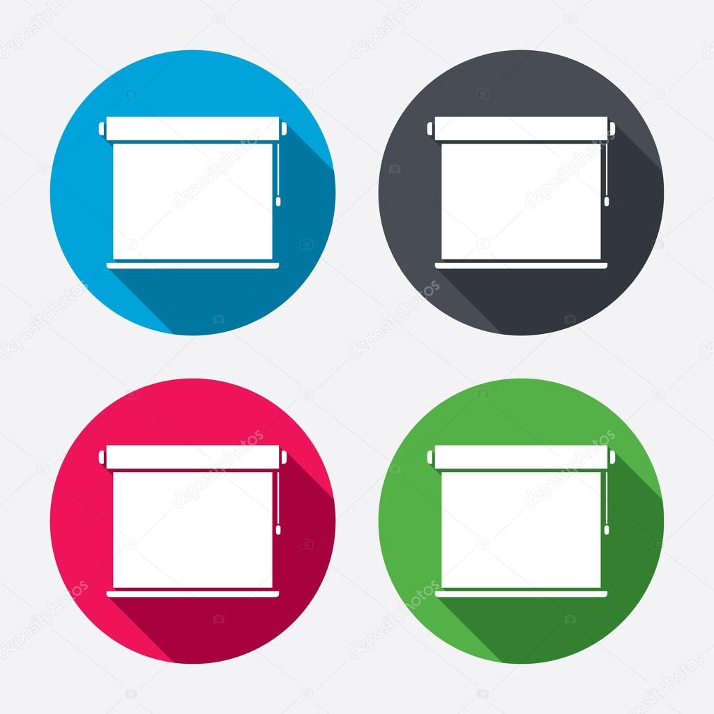 Louvers rolls sign icon. Window blinds or jalousie symbol. Circle buttons with long shadow. 4 icons set. Vector