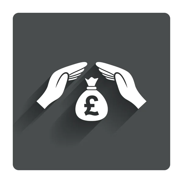 Hands protect cash in Pounds symbol. — Stock Vector