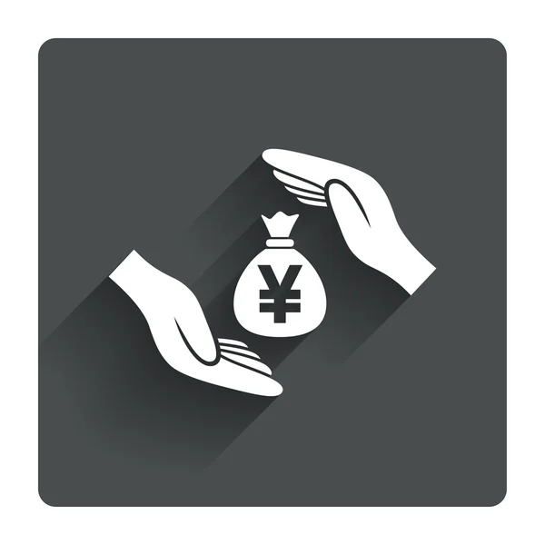 Hands protect cash in Yen symbol. — Stock Vector