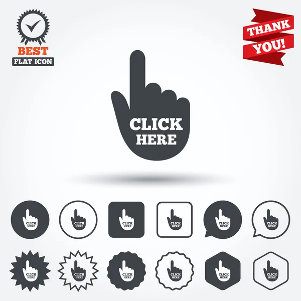 Clique aqui ícones sinal mão — Vetor de Stock