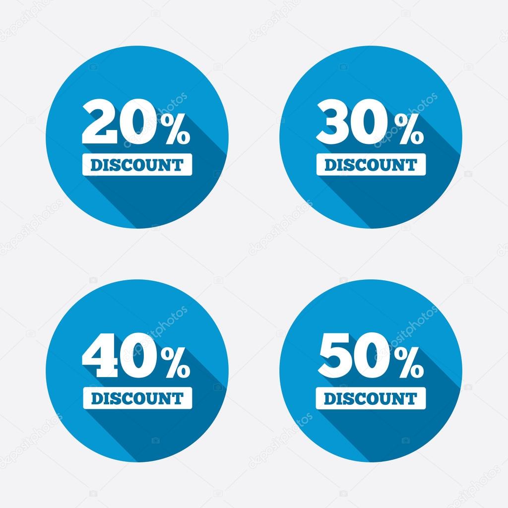 Sale discount icons. Special offer price signs. 20, 30, 40 and 50 percent off reduction symbols. Circle concept web buttons. Vector